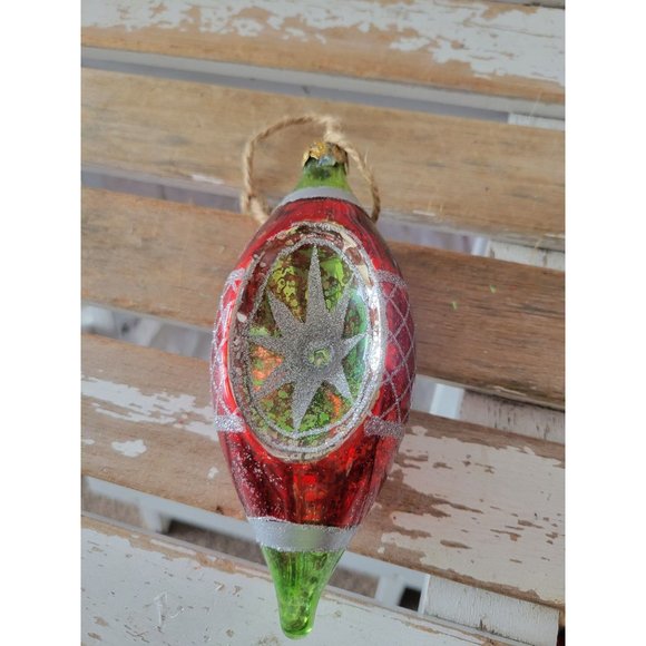 Pottery Barn reflector teardrop glass ornament green red Xmas tree - Picture 1 of 7